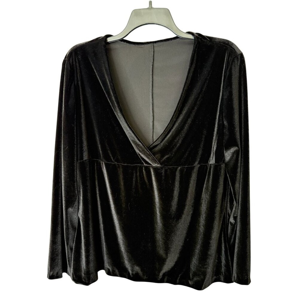 Black Velvet Long Sleeve Deep V-Neck Velour Top Holiday Party Rave Y2K Size 22
